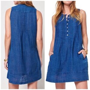 Faherty Isha Sleeveless Organic Cotton Dress Chambray Blue Pockets Sz L